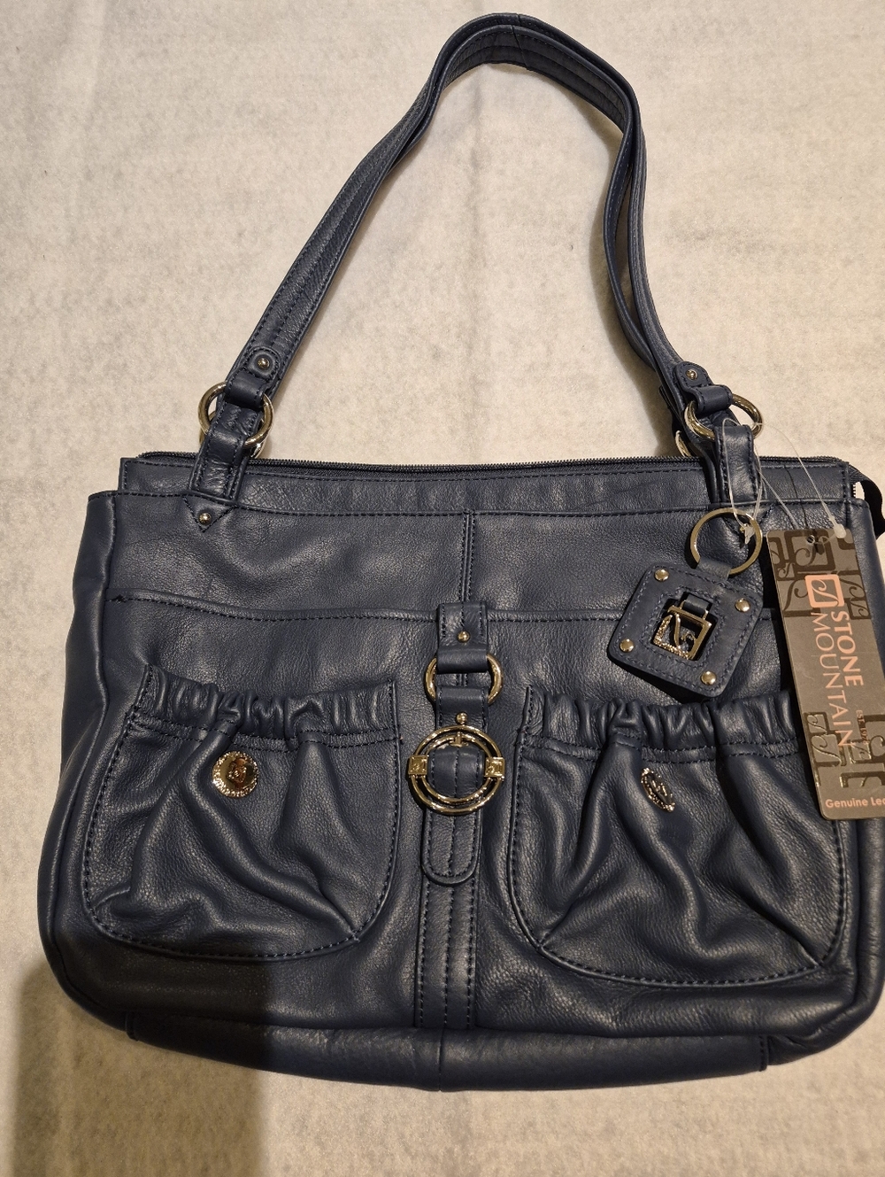 Vintage Stone Mountain Navy Leather Shoulder Bag with Silver-tone Accents NWT